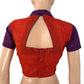 Handloom Slub Cotton Close Collar Back open Blouse with Triangular opening & Short  Sleeves , Orange-Purple , BH1294
