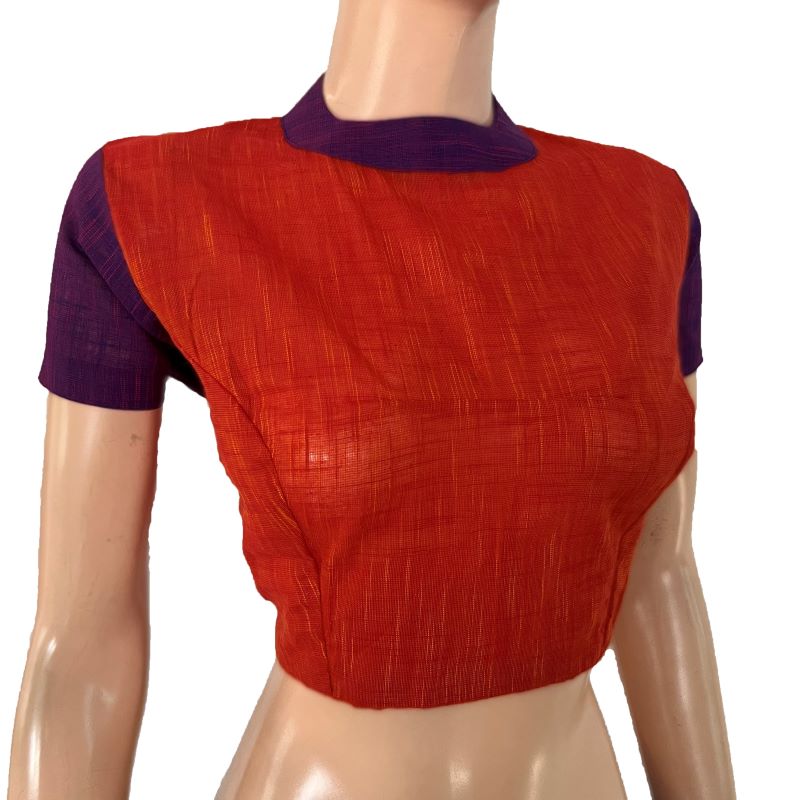 Handloom Slub Cotton Close Collar Back open Blouse with Triangular opening & Short  Sleeves , Orange-Purple , BH1294