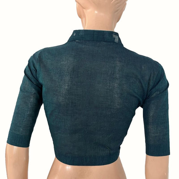 Handloom South Cotton High neck Blouse ,Teal Green, BH1296
