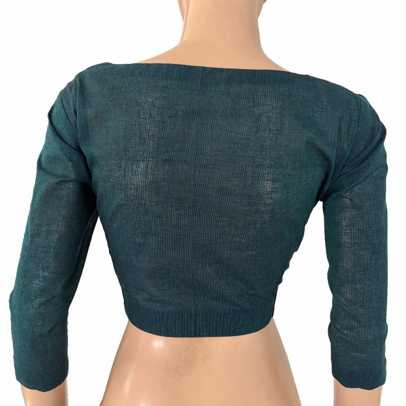 Handloom South Cotton Scallop neck Blouse with 3/4 sleeves , Teal Green, BH1297