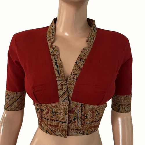 Handloom Flex Cotton V-collar neck Blouse with Kalamkari patches, Red - Maroon , BH1299