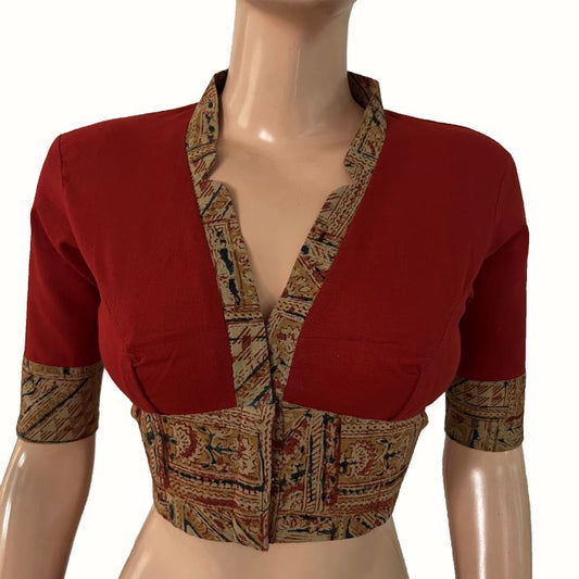 Handloom Flex Cotton V-collar neck Blouse with Kalamkari patches, Red -Maroon  , BH1299