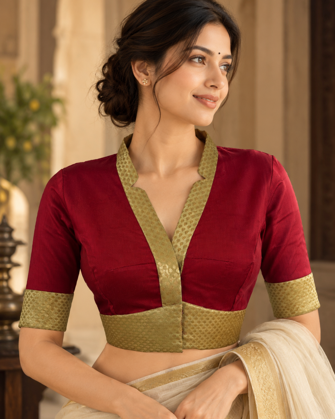 Art Silk V Collar with Banarasi Brocade Patches Blouse and  Lining, Beige -Maroon ,BS1185