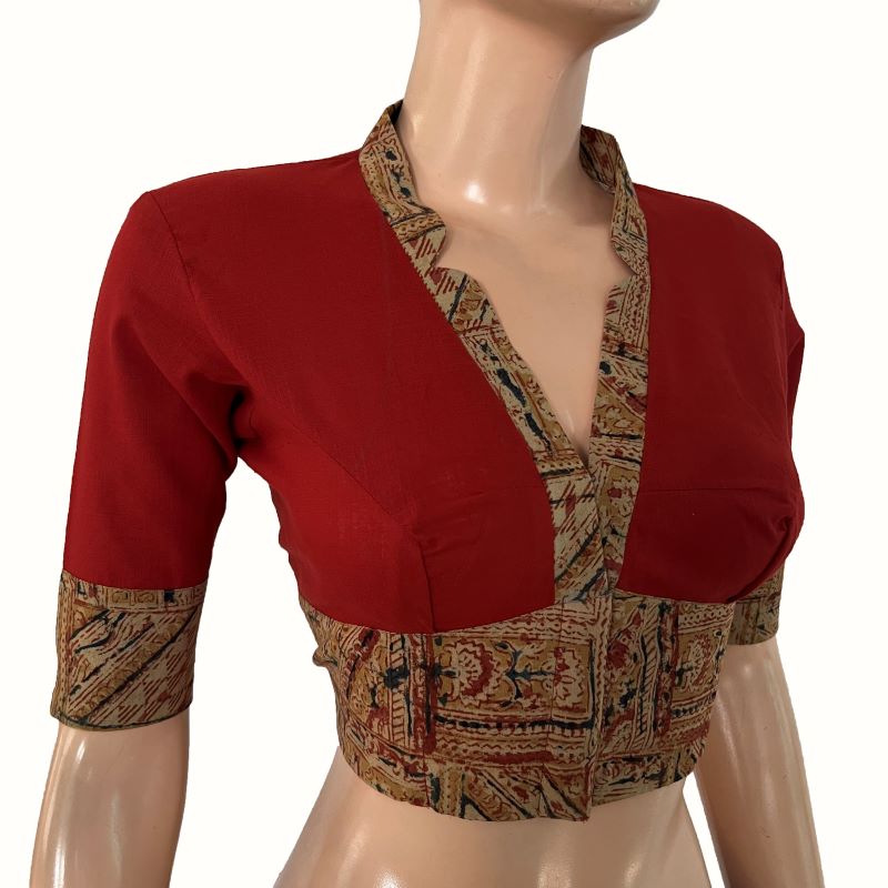 Handloom Flex Cotton V-collar neck Blouse with Kalamkari patches, Red - Maroon , BH1299