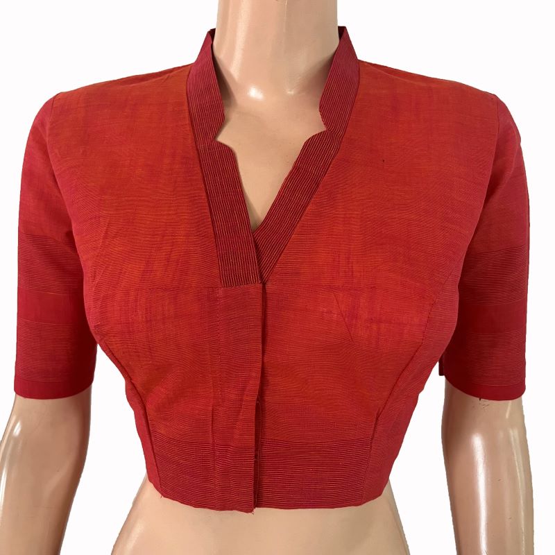 Handloom Woven Cotton V-collar Blouse , Rust- Orange , BH1301