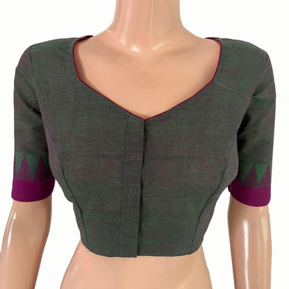 Mangalgiri Cotton Sweetheart neck Blouse with Woven Thread Border, Green-Purple Dual Tone, BH1302