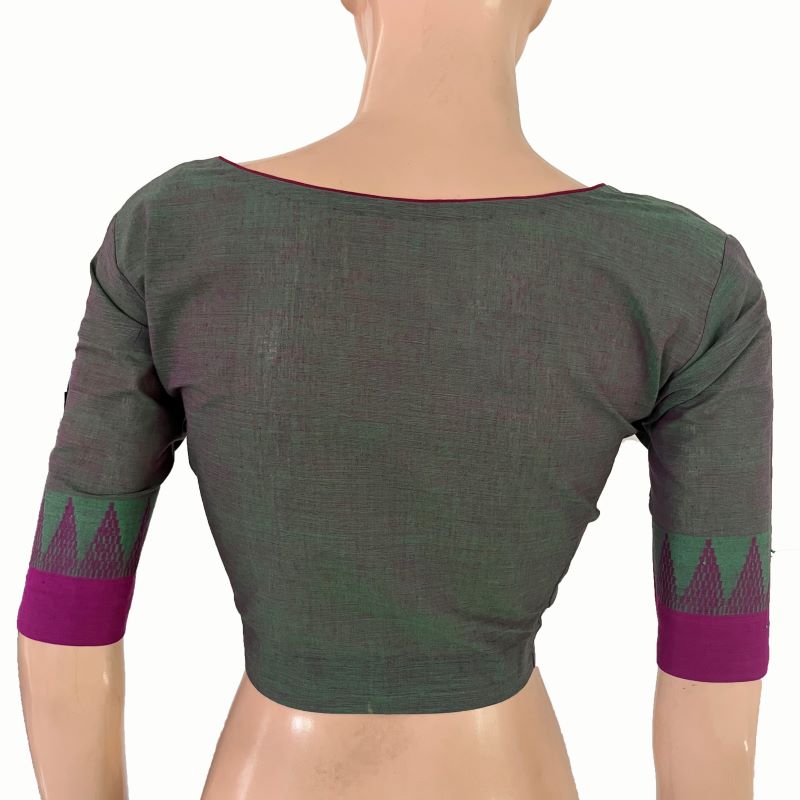 Mangalgiri Cotton Sweetheart neck Blouse with Woven Thread Border, Green-Purple Dual Tone, BH1302