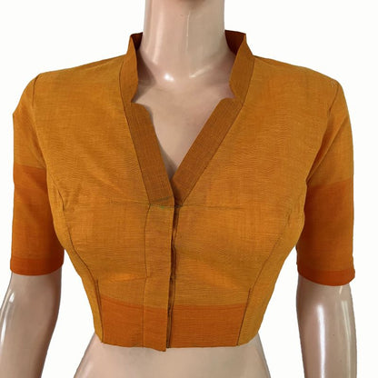Handloom Woven Cotton V collar Blouse , Yellow , BH1303