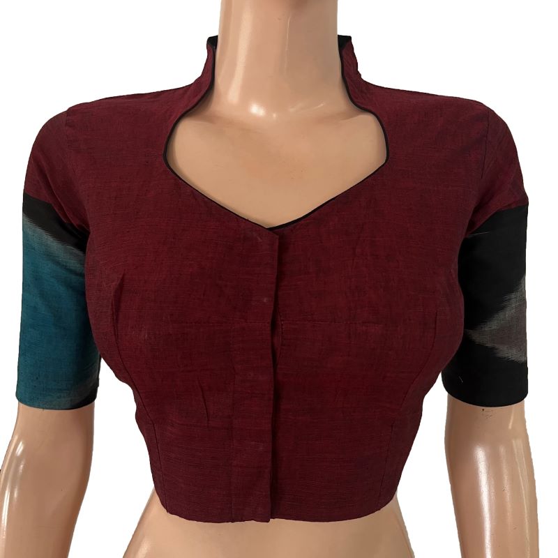 Handloom South Cotton  High neck blouse with Ikat border ,Maroon, BH1307