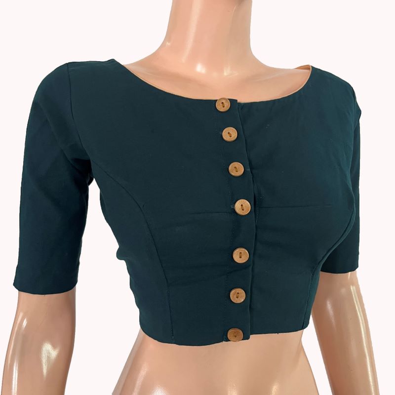 Flex Cotton Boat Neck Blouse with Wooden Button Details ,Bottle Green , BH1310.