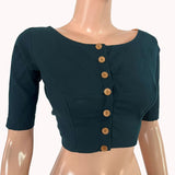 Flex Cotton Boat Neck Blouse with Wooden Button Details ,Bottle Green , BH1310.