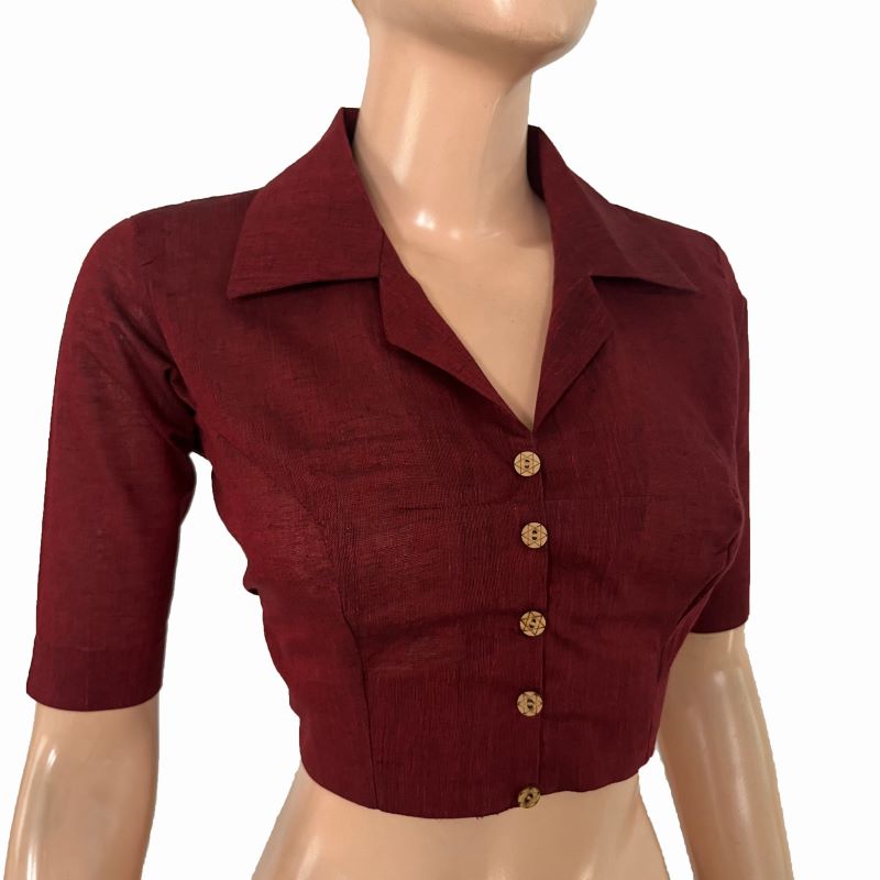 South Cotton Shirt Collar Blouse with Wooden Button Details ,Maroon , BH1315