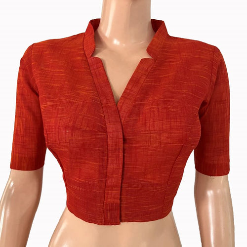 Slub Cotton V Collar Blouse ,Rust, BH1316