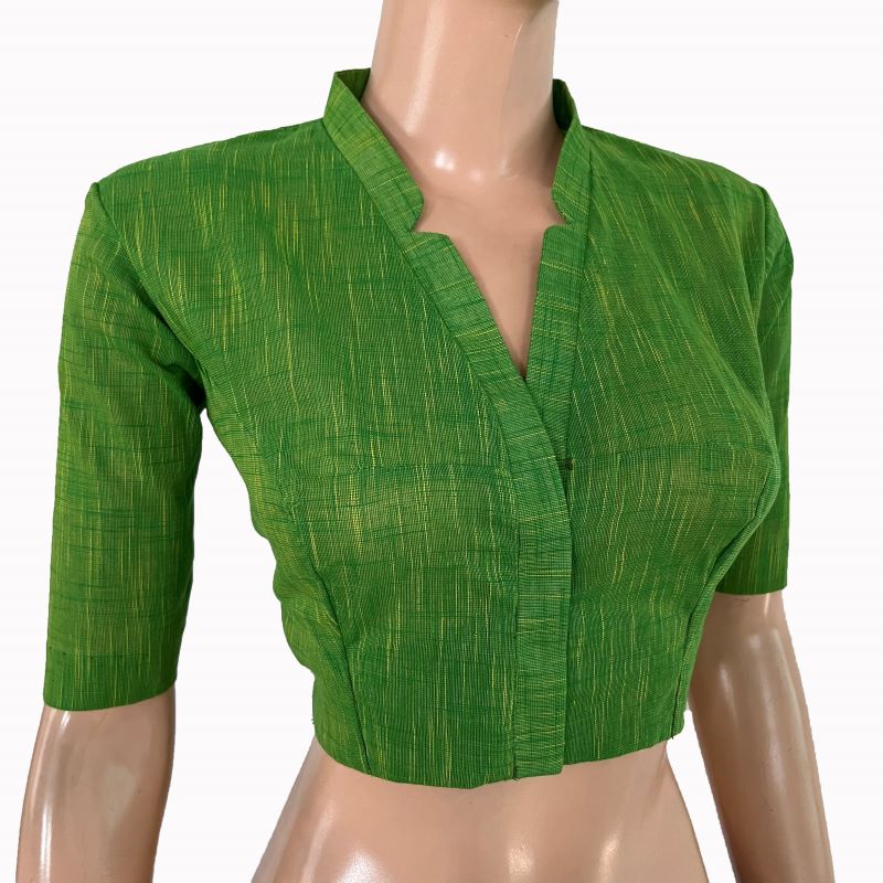 Slub Cotton V Collar Blouse ,Green, BH1317