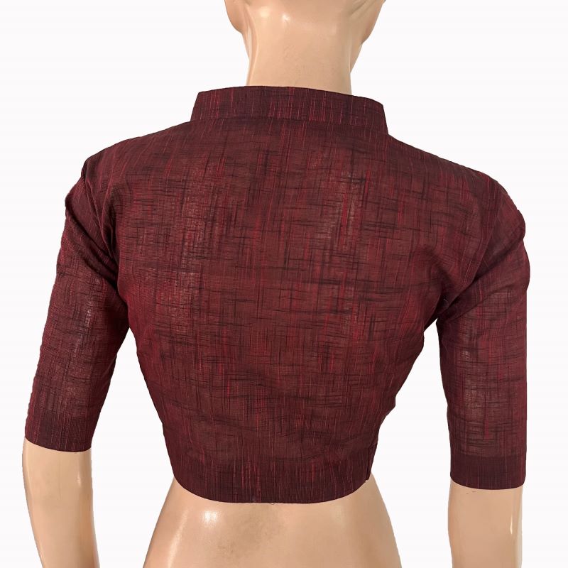 Slub Cotton V Collar Blouse ,Maroon, BH1318