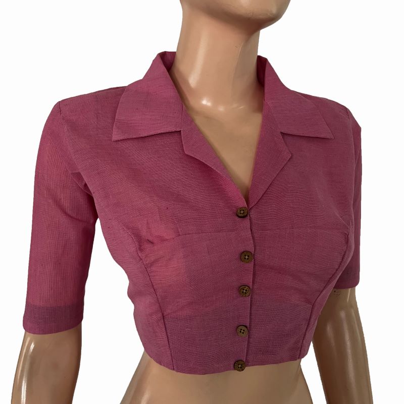 South Cotton Shirt Collar Blouse with Wooden Button Details ,Pink , BH1319