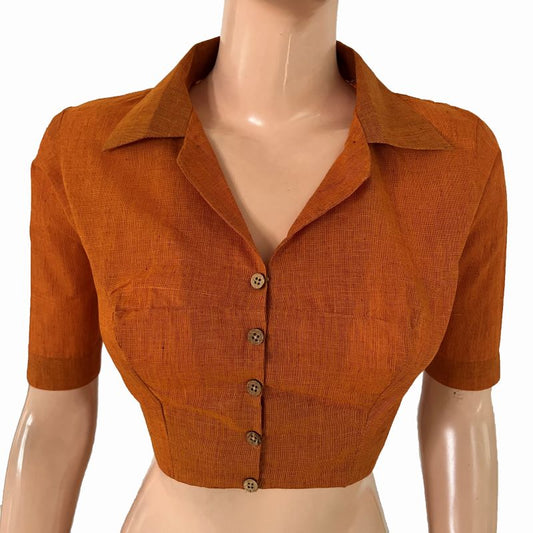 South Cotton Shirt Collar Blouse with Wooden Button Details ,Mustard , BH1320