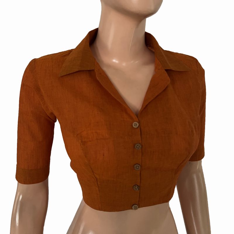 South Cotton Shirt Collar Blouse with Wooden Button Details ,Mustard , BH1320