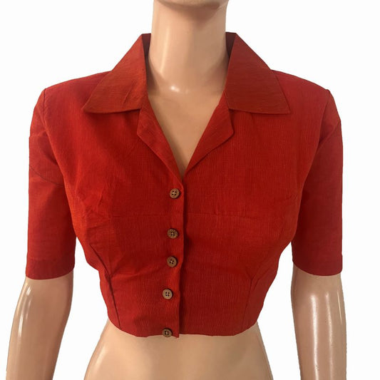 South Cotton Shirt Collar Blouse with Wooden Button Details  , Rust - Orange , BH1322