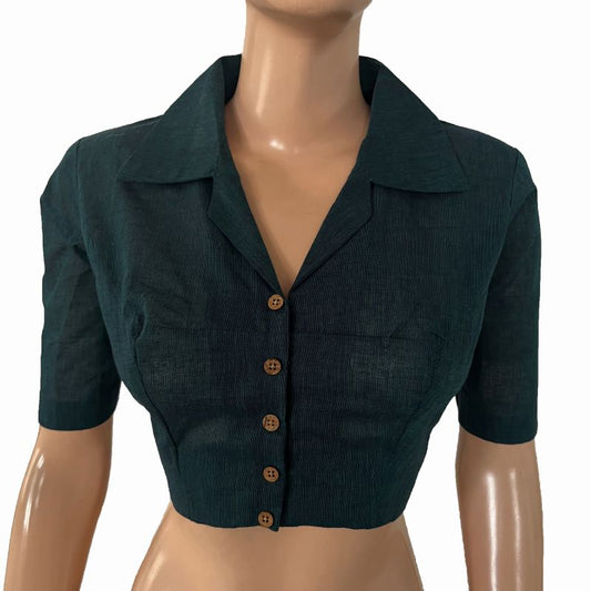 South Cotton Shirt Collar Blouse with Wooden Button Details  , Teal Green , BH1323