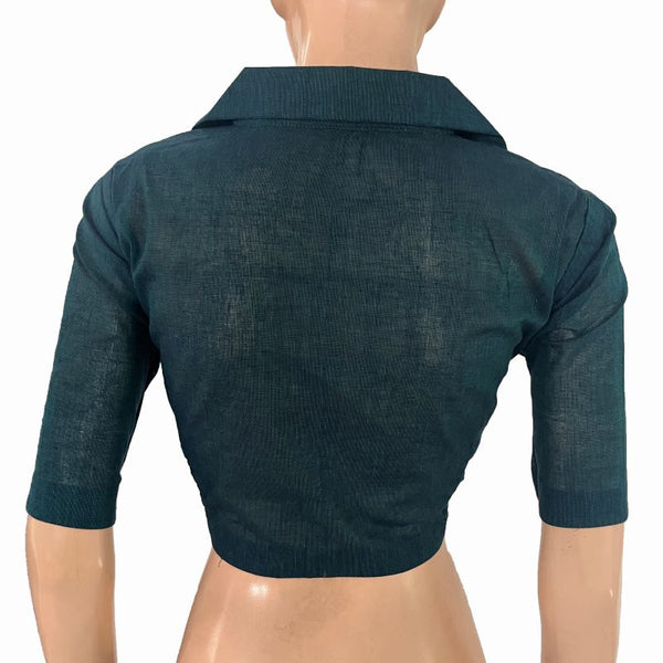 South Cotton Shirt Collar Blouse with Wooden Button Details  , Teal Green , BH1323