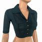 South Cotton Shirt Collar Blouse with Wooden Button Details  , Teal Green , BH1323