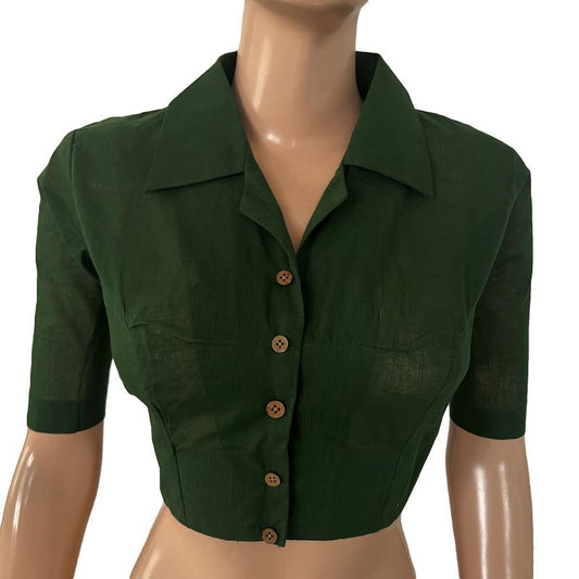 South Cotton Shirt Collar Blouse with Wooden Button Details  , Bottle Green , BH1324