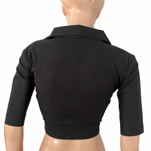 Flex Cotton Shirt Collar Blouse With Wooden Button Details , Black, BH1327