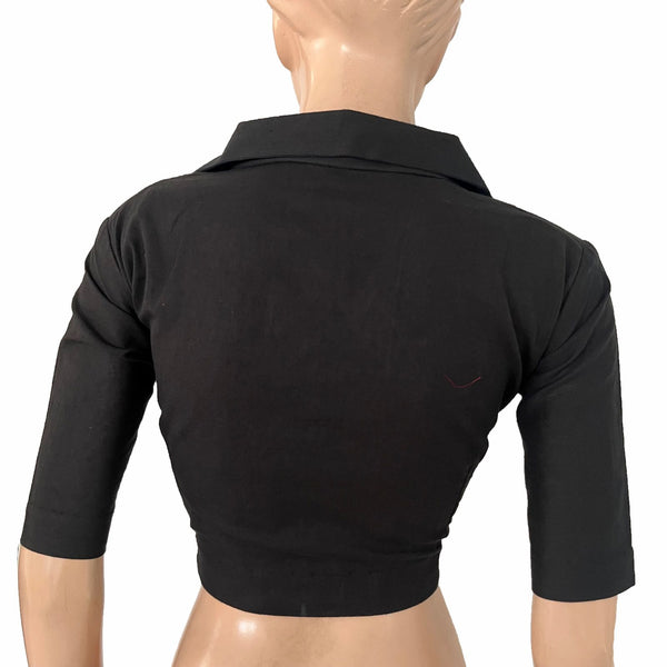 Flex Cotton Shirt Collar Blouse With Wooden Button Details , Black, BH1327