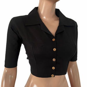 Flex Cotton Shirt Collar Blouse With Wooden Button Details , Black, BH1327