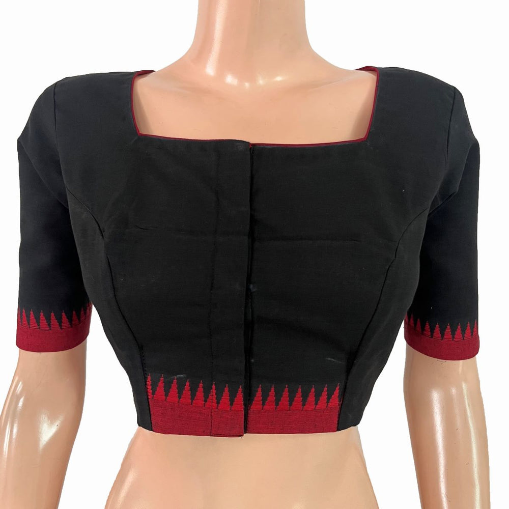 Handloom Mangalgiri Cotton Square Neck Blouse with Lining, Black , BH1329