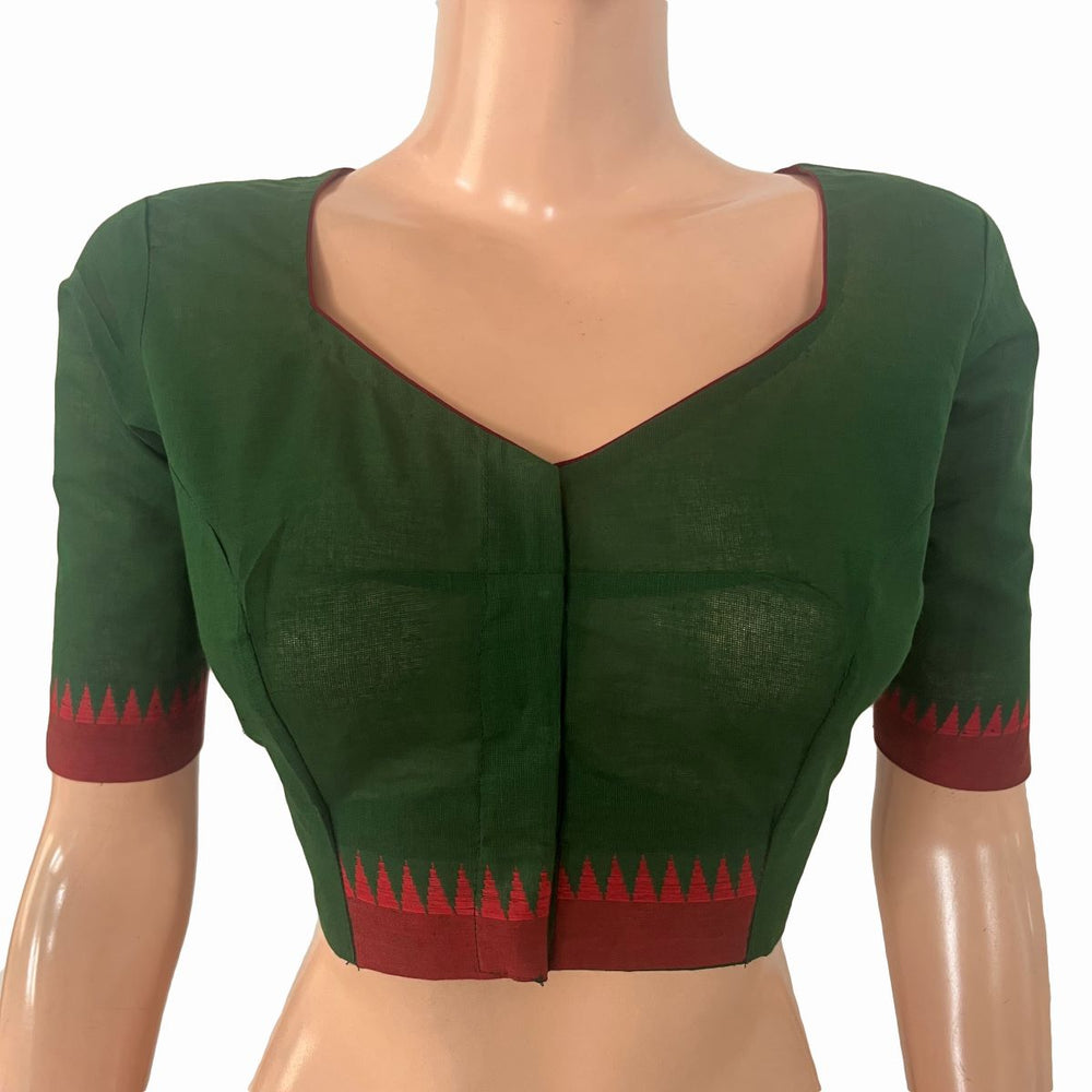 Handloom Mangalgiri Cotton Sweetheart Neck Blouse with Lining, Bottle Green , BH1331