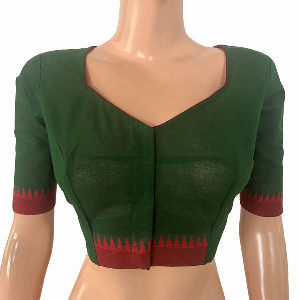 Handloom Mangalgiri Cotton Sweetheart Neck Blouse with Lining, Bottle Green , BH1331