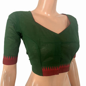 Handloom Mangalgiri Cotton Sweetheart Neck Blouse with Lining, Bottle Green , BH1331