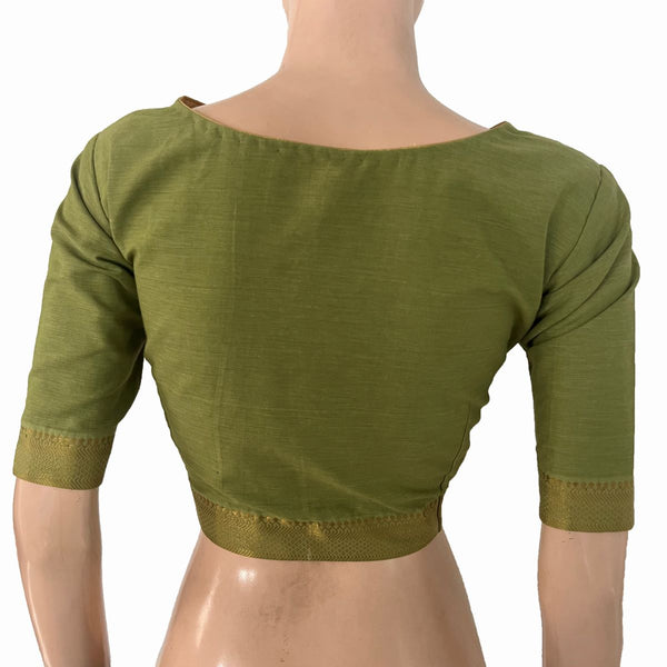 Handloom Mangalgiri Cotton Pot Neck Blouse with Lining, Olive Green , BH1332