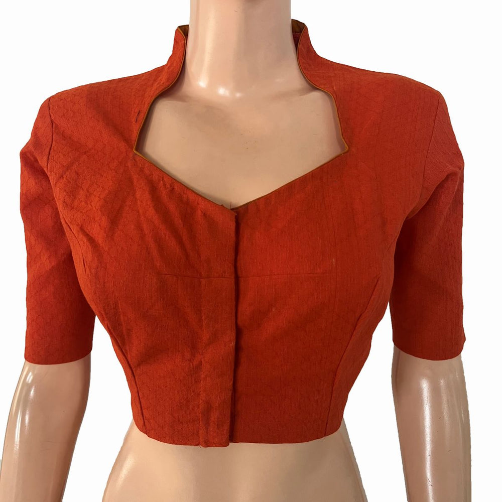 Woven Textured Cotton High Neck Blouse with Lining, Rust - Orange , BH1333