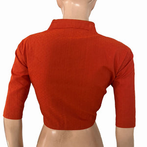 Woven Textured Cotton High Neck Blouse with Lining, Rust - Orange , BH1333