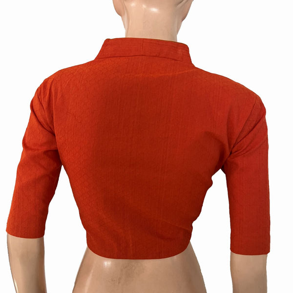 Woven Textured Cotton High Neck Blouse with Lining, Rust - Orange , BH1333