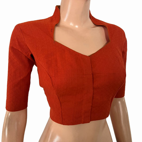 Woven Textured Cotton High Neck Blouse with Lining, Rust - Orange , BH1333