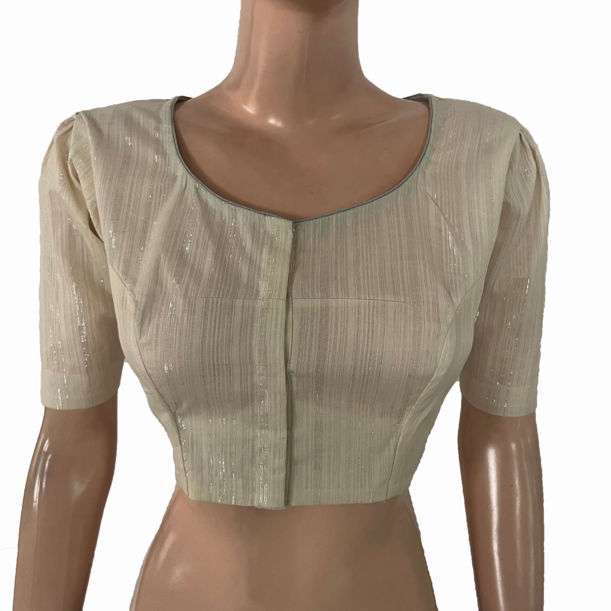 Zari Striped Shimmer Roundneck Blouse with Puff Sleeves and Lining, Off white , BH1334