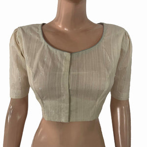 Zari Striped Shimmer Roundneck Blouse with Puff Sleeves and Lining, Off white , BH1334