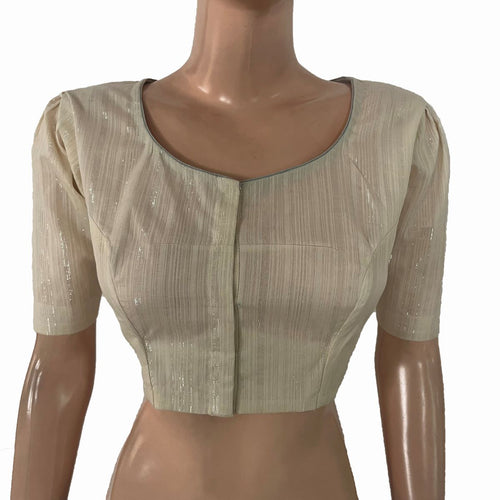 Zari Striped Shimmer Roundneck Blouse with Puff Sleeves and Lining, Off white , BH1334