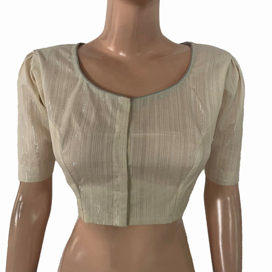 Zari Striped Shimmer Roundneck Blouse with Puff Sleeves and Lining, Off white , BH1334