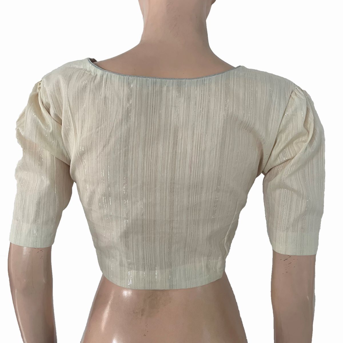 Zari Striped Shimmer Roundneck Blouse with Puff Sleeves and Lining, Off white , BH1334