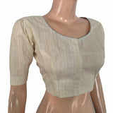 Zari Striped Shimmer Roundneck Blouse with Puff Sleeves and Lining, Off white , BH1334