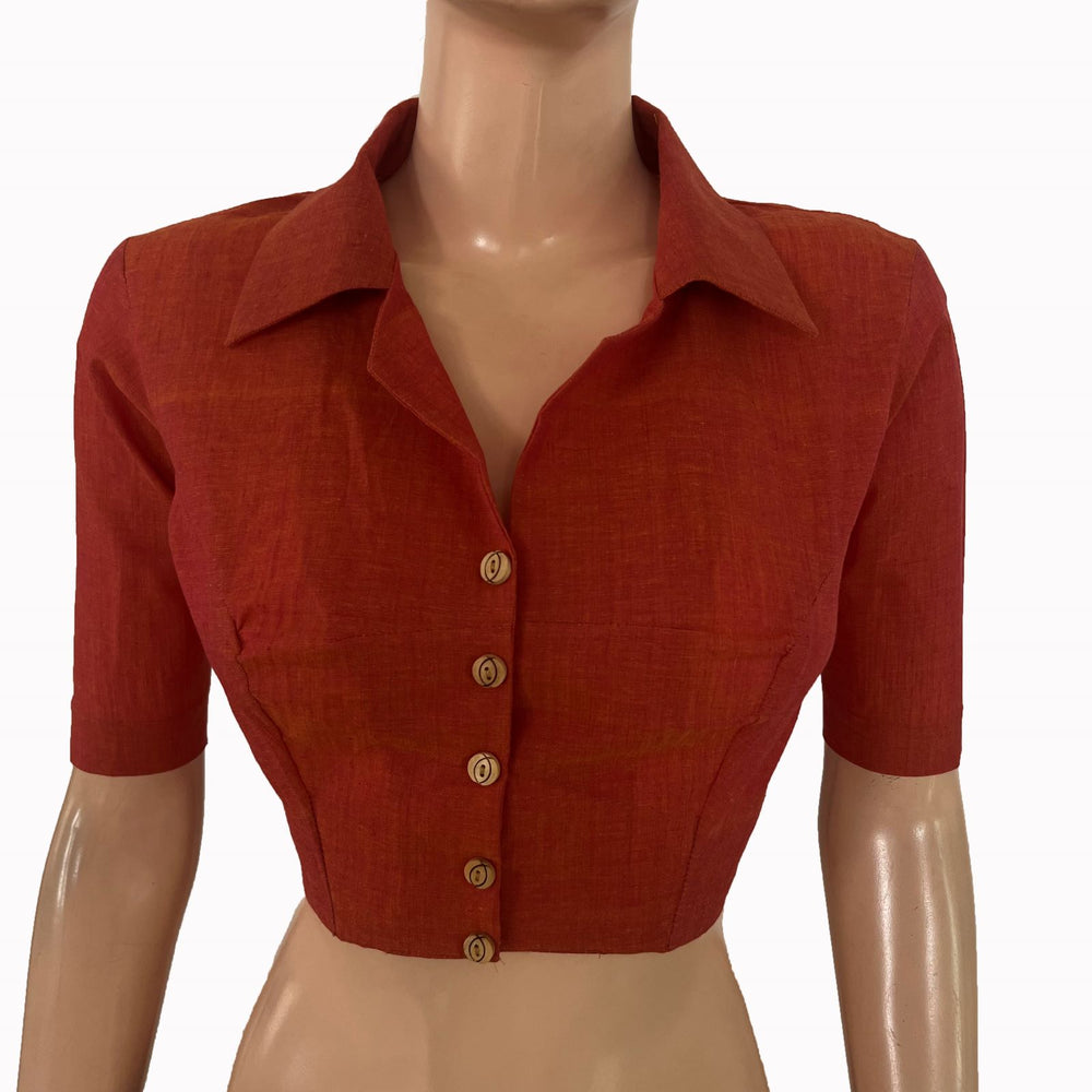 South Cotton Shirt Collar Blouse With Wooden Button Details , Peach, BH1335