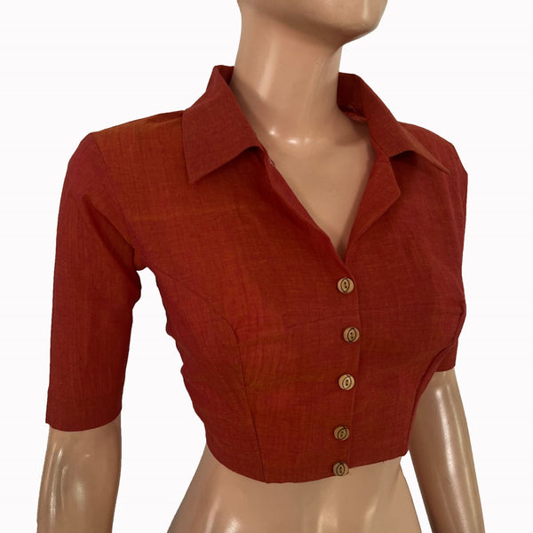 South Cotton Shirt Collar Blouse With Wooden Button Details , Peach, BH1335