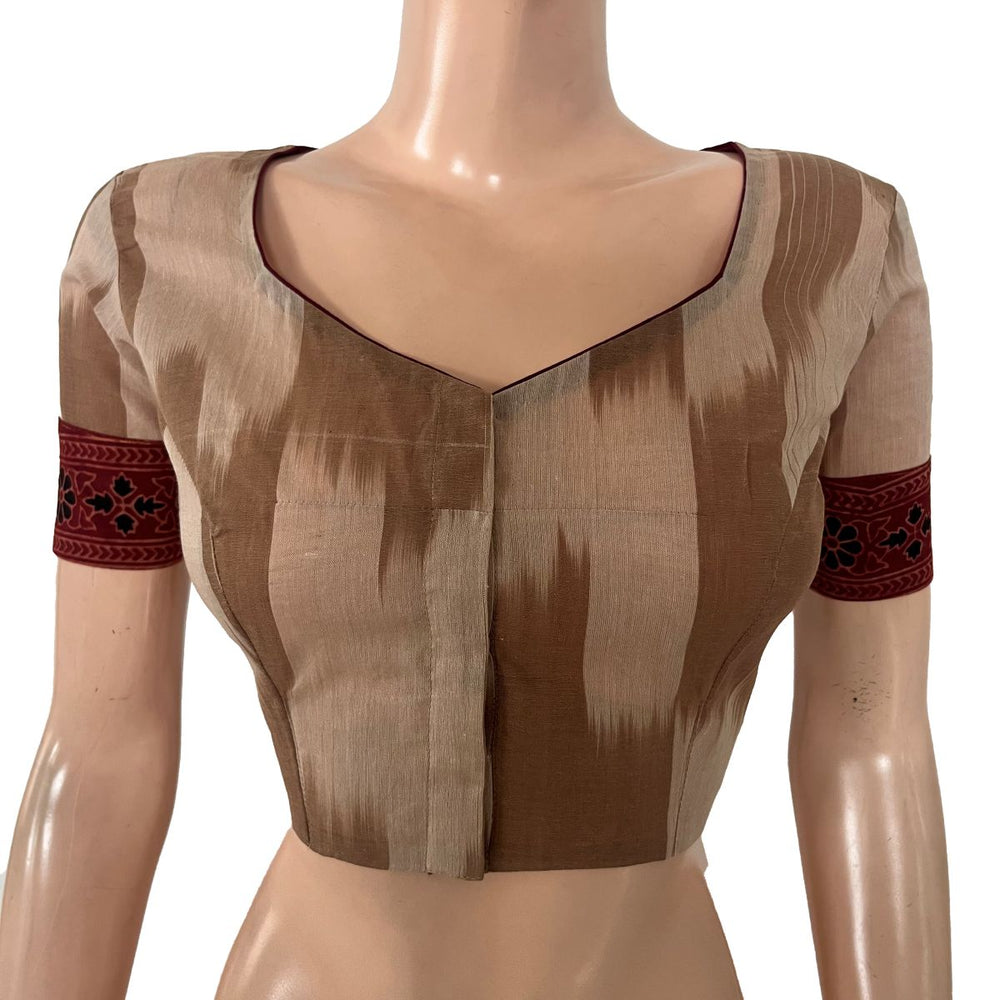 Mangalgiri Tie-Dye Cotton Sweetheart neck Blouse with Short Sleeves, Ajrakh Patches & Potli Button Details, BH1336