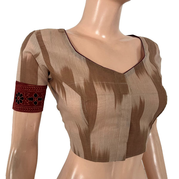 Mangalgiri Tie-Dye Cotton Sweetheart neck Blouse with Short Sleeves, Ajrakh Patches & Potli Button Details, BH1336