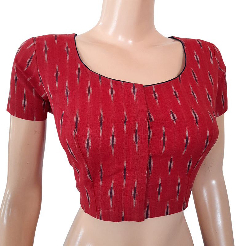 Ikat Cotton Round neck Blouse with Short Sleeves, Red, BI1154